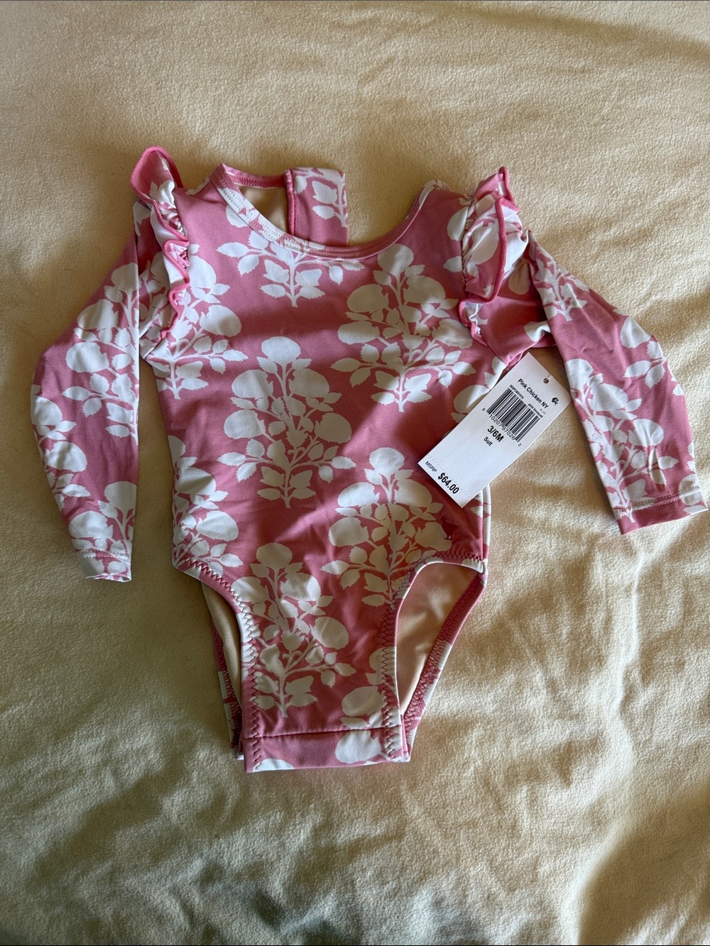 Pink Chicken pink Floral Ruffle Long-Sleeve Baby Swimsuit NWT